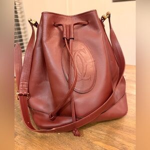 80s Vintage Cartier Wine Leather Bucket Bag Gold